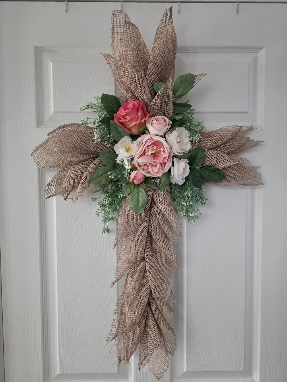 Handcrafted PolyBurlap Cross Wreath with Pink Floral Accents